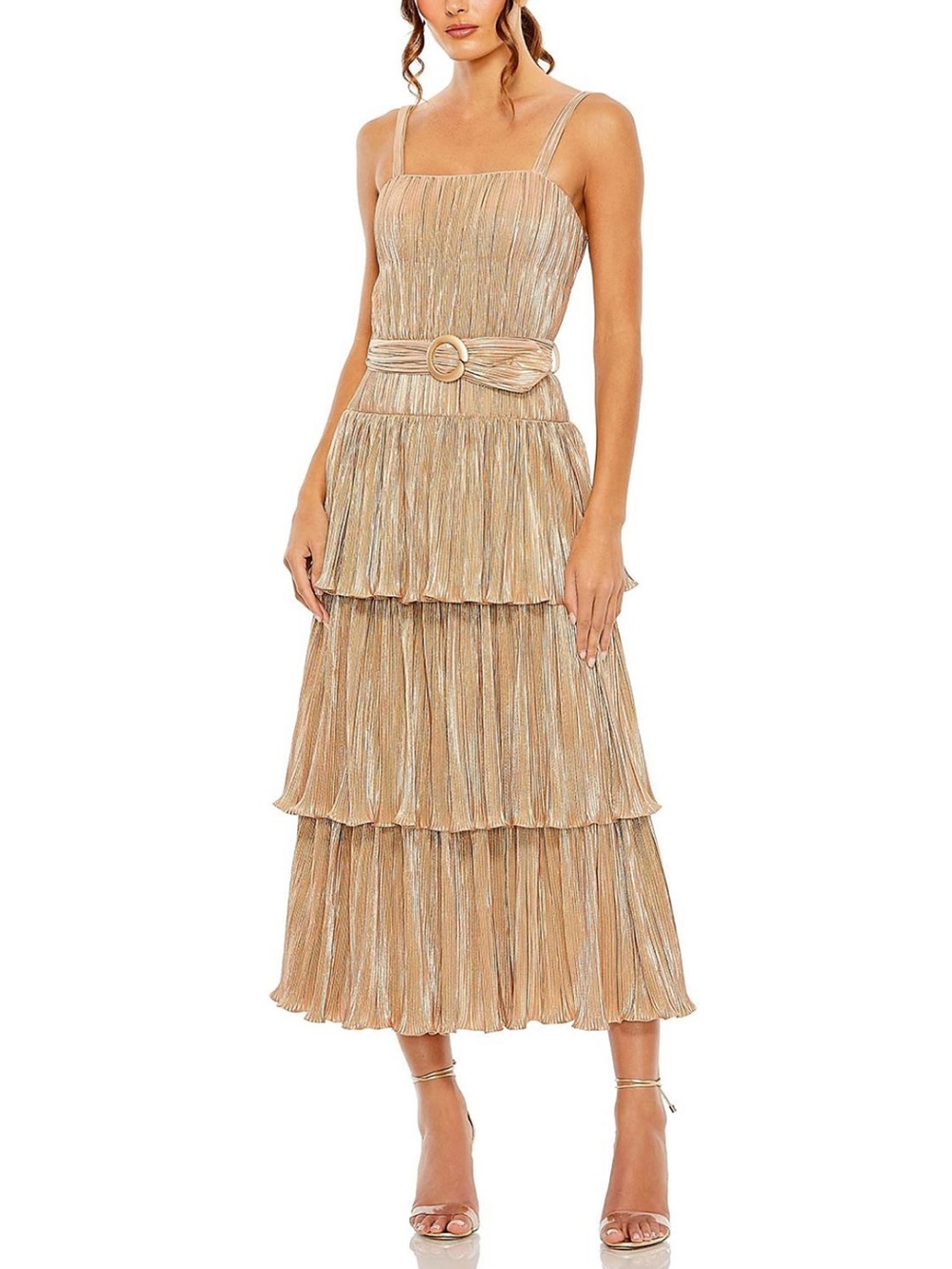 NWT Mac Duggal Ruffle Tiered Buckle Detail Dress in Gold Style #27062 ~ Size 0